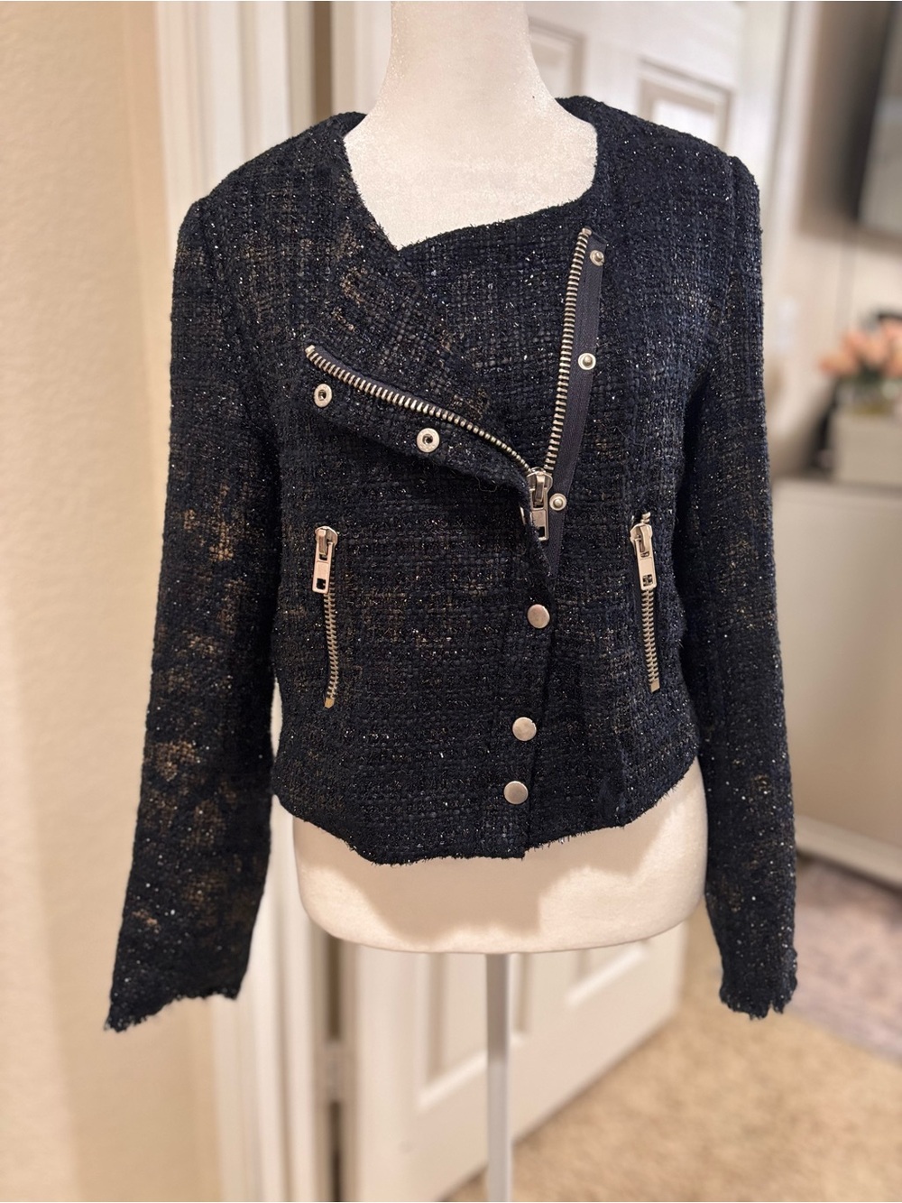 Andree Blue Black Tweed Asymmetrical Zip Jacket
